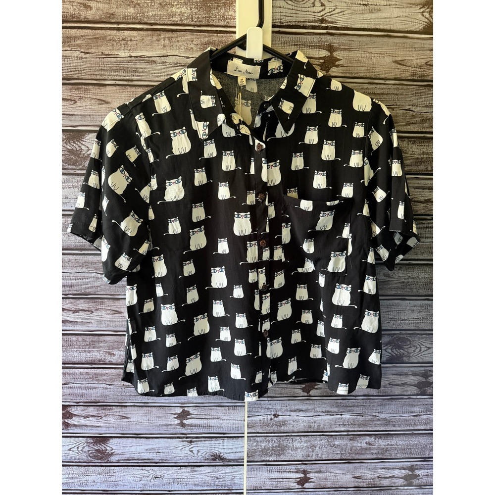 Love Notes Juniors Women's Short-Sleeved Button Down Top Size M Cat Print NWT